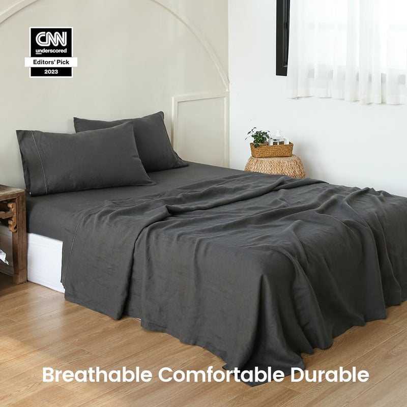 Simple&Opulence 100% Linen Sheet Set with Embroidery Washed - 4 Pieces (1 Flat Sheet & 1 Fitted Sheet & 2 Pillowcases) Natural Flax Soft Bedding Breathable Farmhouse - Dark Grey, King Size - Image 5